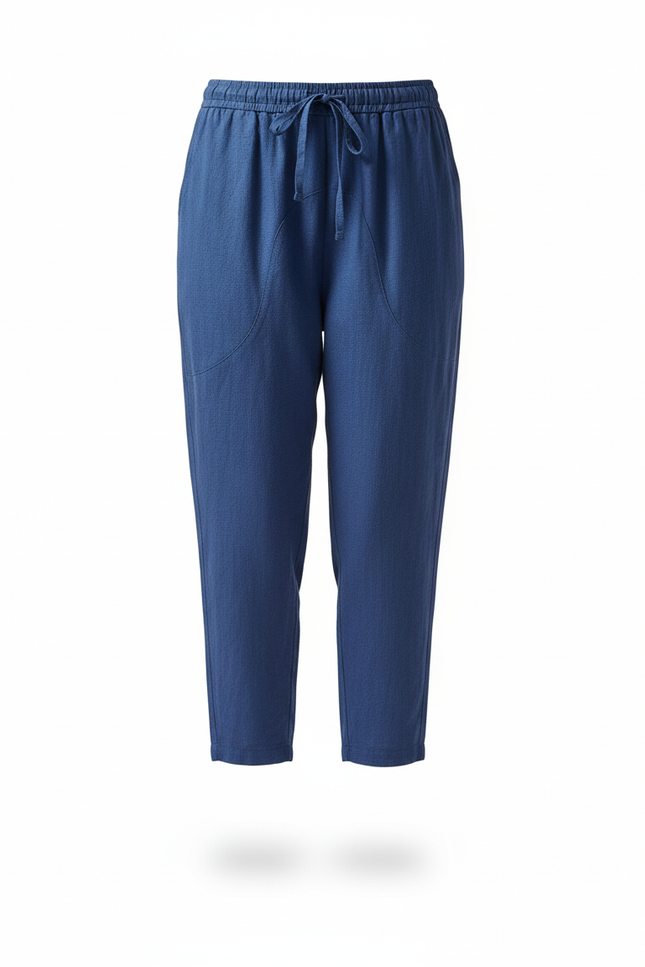 Pantalon En Lin Bleu Ample Taille Élastique Femme - vue 3