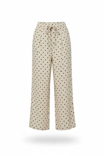 Pantalon En Lin Ample Beige À Pois Fluide - vue 3