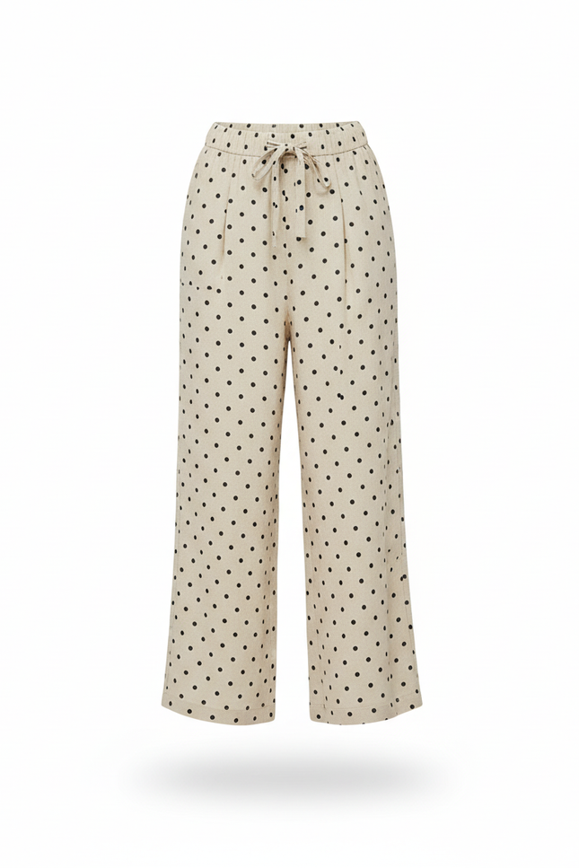 Pantalon En Lin Ample Beige À Pois Fluide - vue 3