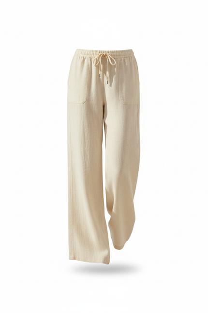 Pantalon En Lin Écru Ample Cordon Élégant Femme - Beige - vue 3