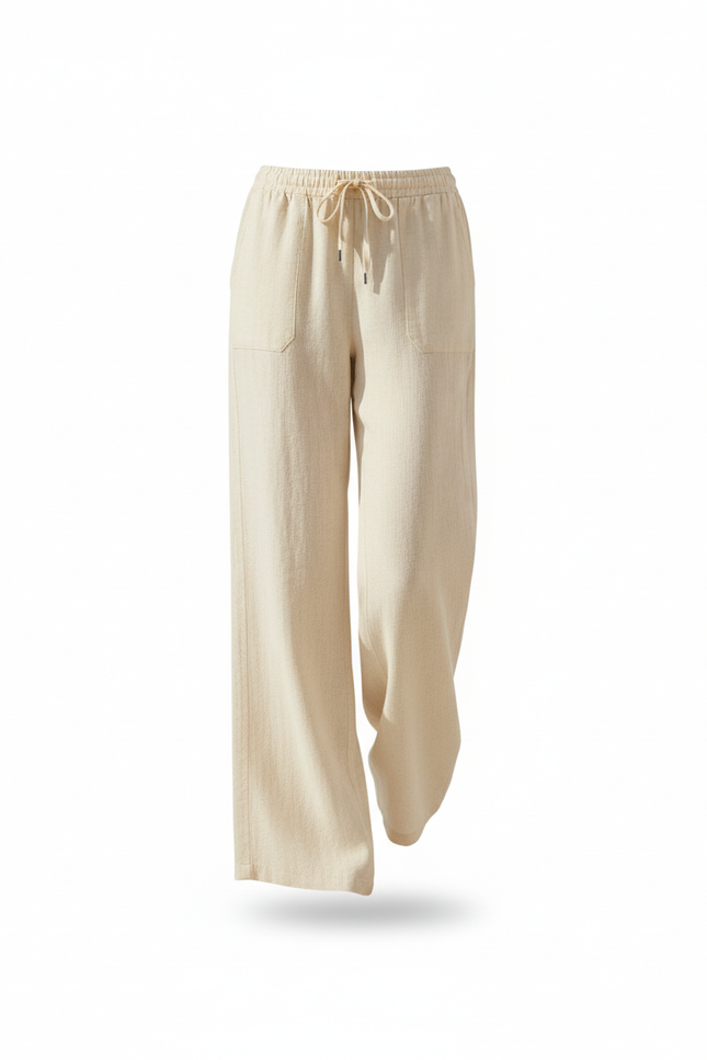 Pantalon En Lin Écru Ample Cordon Élégant Femme - Beige - vue 3