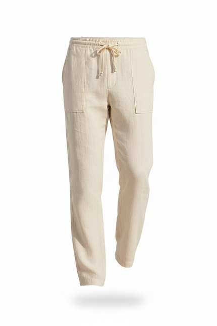 Pantalon En Lin Beige Décontracté Droit Homme Cordon - vue 3