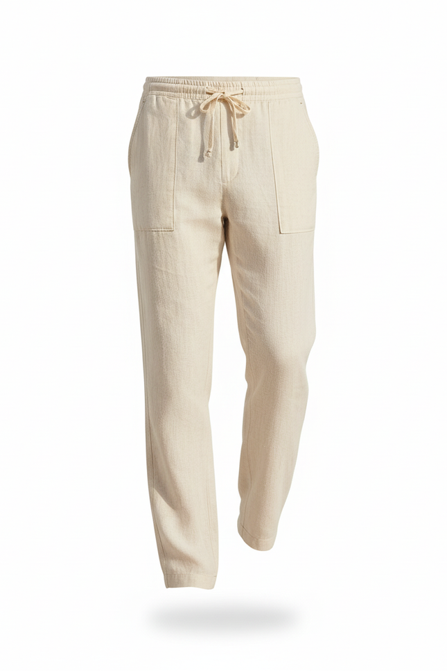 Pantalon En Lin Beige Décontracté Droit Homme Cordon - vue 3
