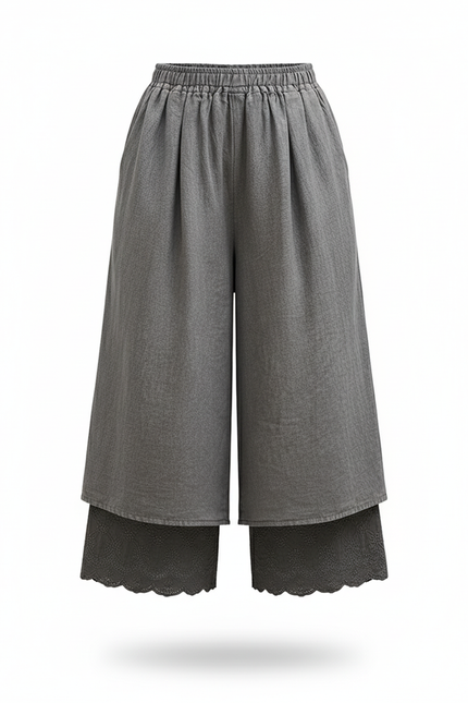 Pantalon En Lin Gris Ample Brodé Fille Fluide - vue 3