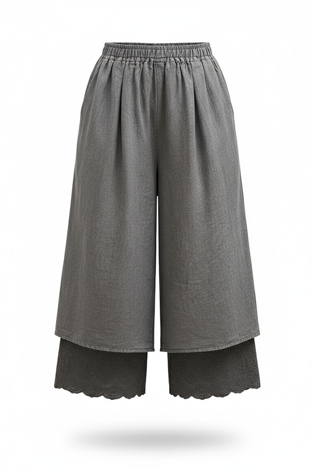 Pantalon En Lin Gris Ample Brodé Fille Fluide - vue 3