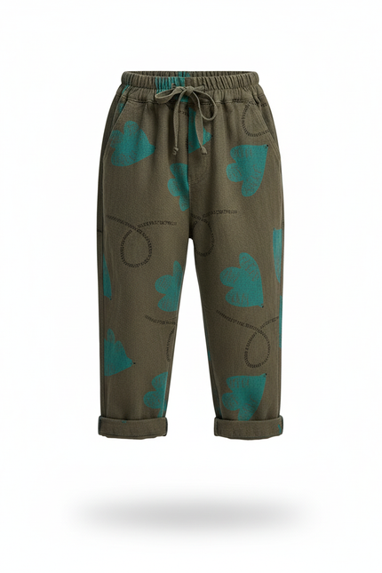 Pantalon En Lin Kaki Imprimé Cœurs Ample Décontracté Enfant - vue 3