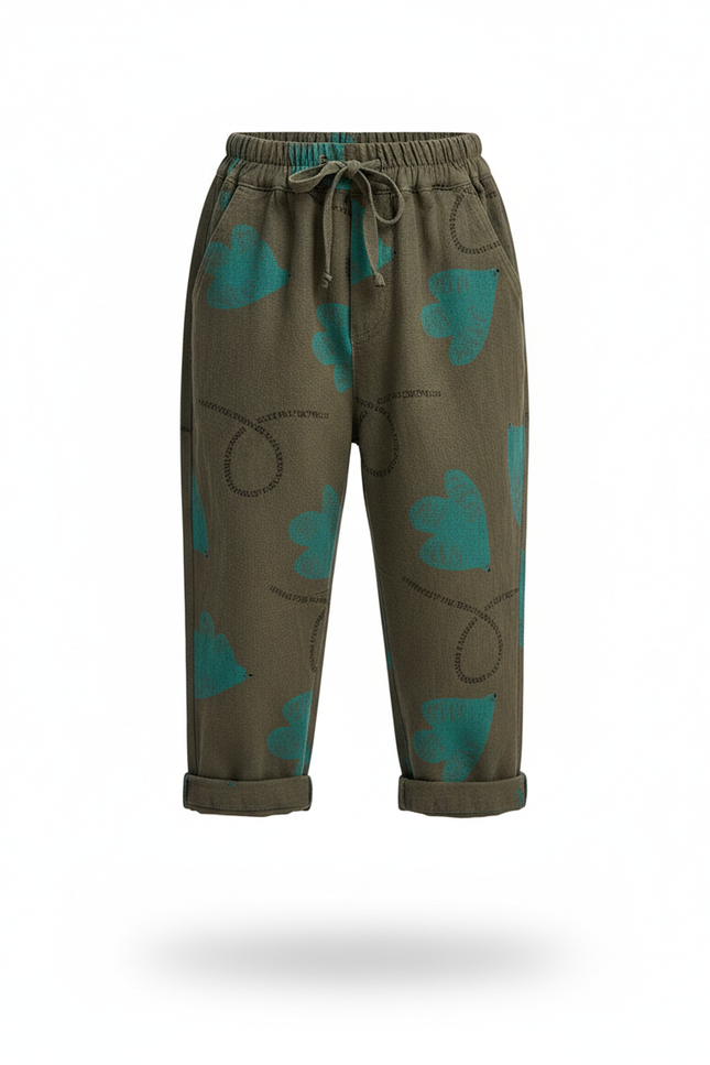 Pantalon En Lin Kaki Imprimé Cœurs Ample Décontracté Enfant - vue 3