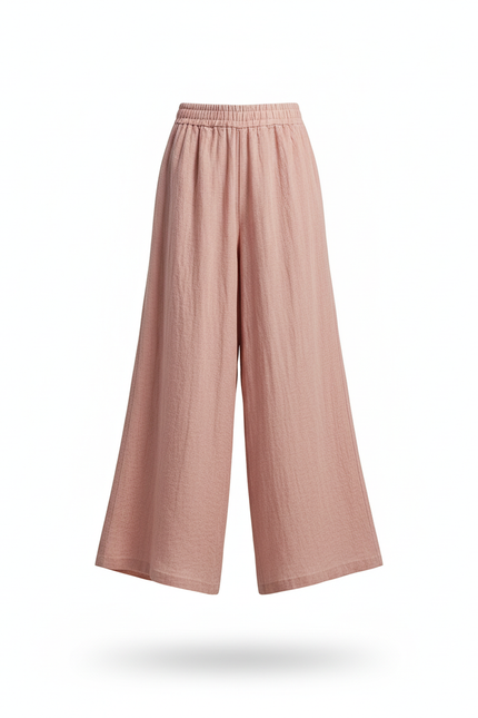 Pantalon En Lin Rose Ample Élastique Fluide Femme - vue 3