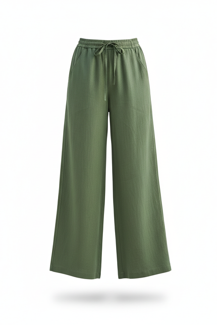 Pantalon En Lin Vert Ample Élastiqué Fluide Décontracté - vue 3