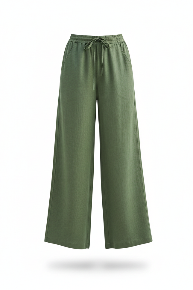 Pantalon En Lin Vert Ample Élastiqué Fluide Décontracté - vue 3