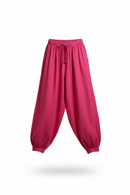 Pantalon En Lin Fuchsia Ample Fluide Décontracté Femme - Rose - vue 3