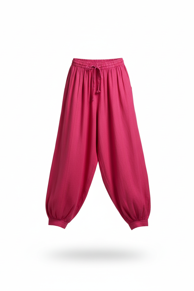 Pantalon En Lin Fuchsia Ample Fluide Décontracté Femme - Rose - vue 3