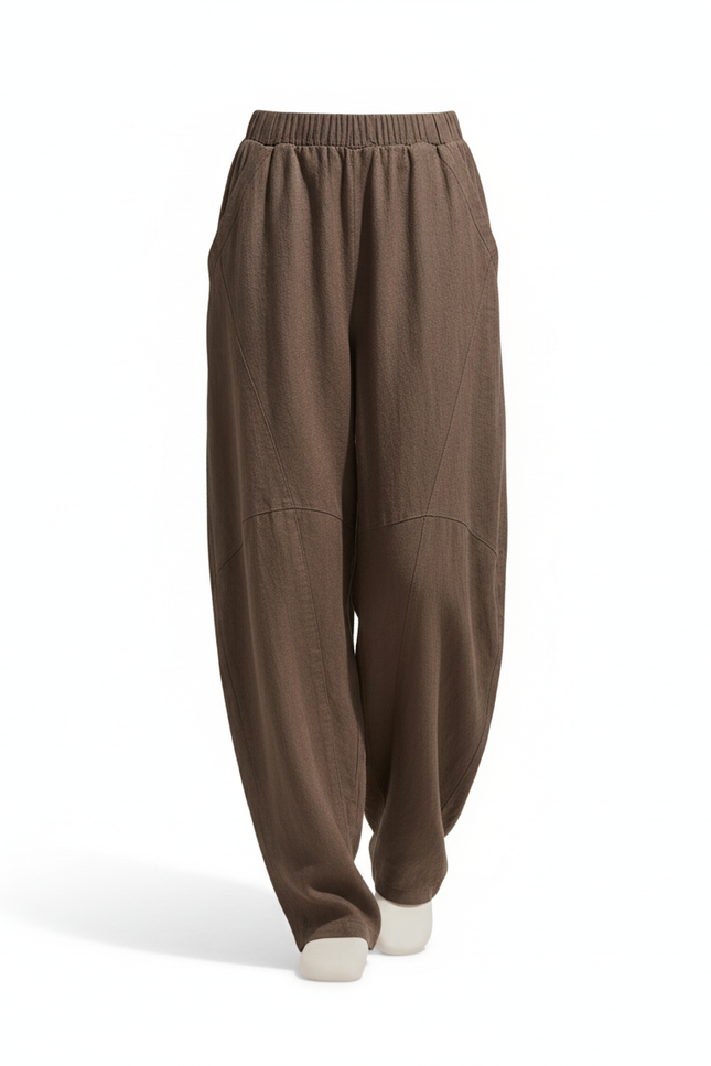 Pantalon En Lin Marron Ample Coupe Harem Décontracté Fluide - vue 3