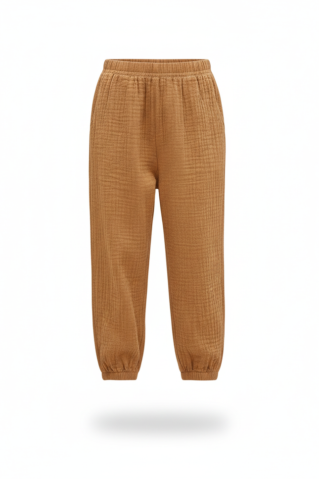 Pantalon En Lin Ample Marron Fille Décontracté Confortable - Camel - vue 3
