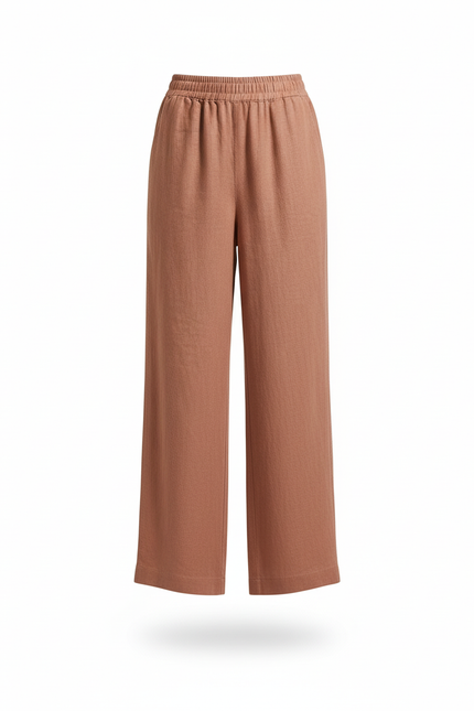 Pantalon En Lin Terracotta Ample Taille Élastique Décontracté - Marron - vue 3