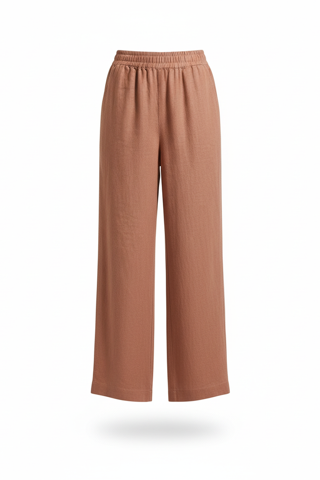 Pantalon En Lin Terracotta Ample Taille Élastique Décontracté - Marron - vue 3