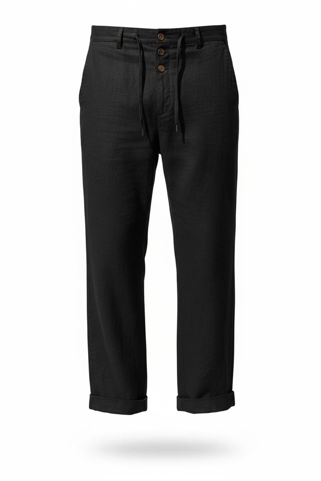 Pantalon En Lin Homme Noir Ample Droit Casual - vue 3