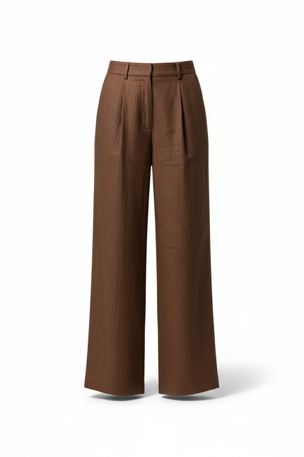 Pantalon En Lin Marron Ample Plissé Taille Haute - vue 3