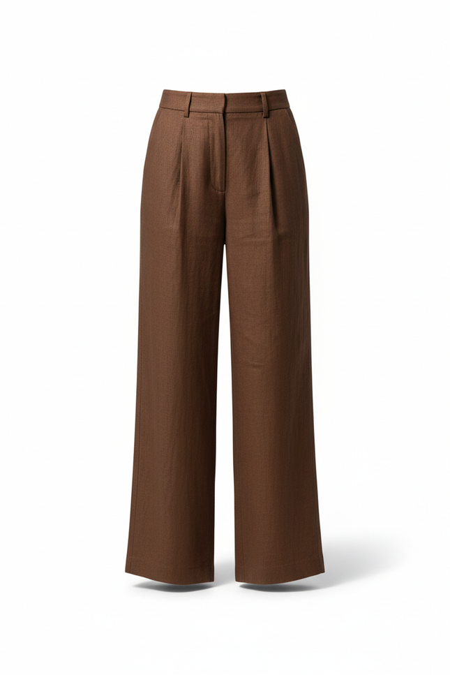 Pantalon En Lin Marron Ample Plissé Taille Haute - vue 3