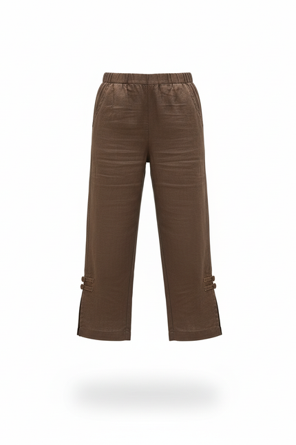 Pantalon En Lin Court Marron Fille Décontracté Fluide - vue 3
