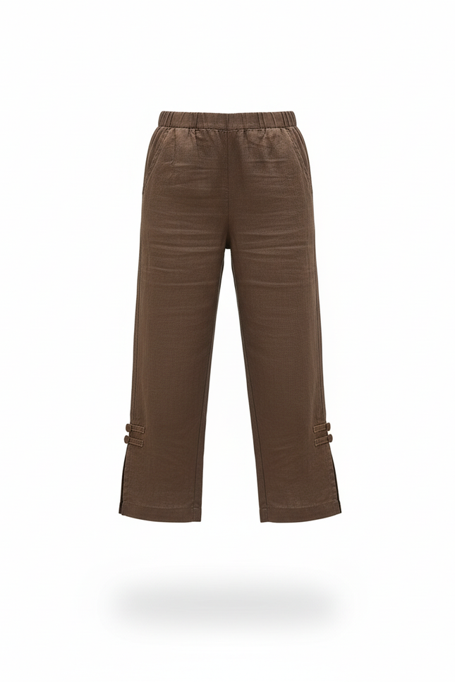Pantalon En Lin Court Marron Fille Décontracté Fluide - vue 3