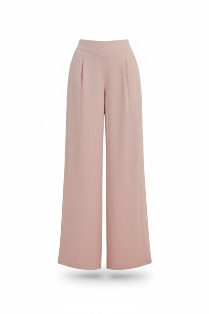 Pantalon En Lin Rose Pâle Ample Fluide Taille Haute - vue 3