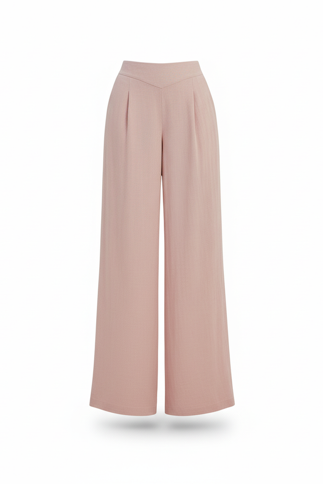 Pantalon En Lin Rose Pâle Ample Fluide Taille Haute - vue 3