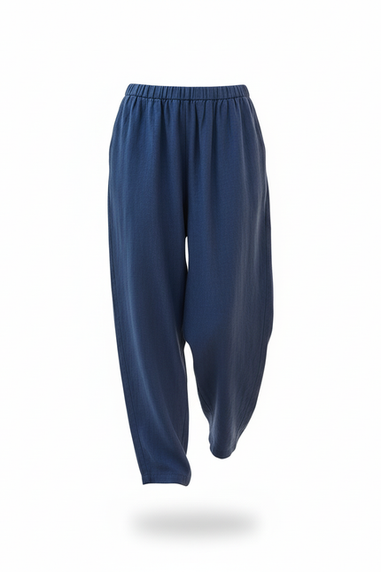 Pantalon En Lin Bleu Ample Décontracté Taille Haute - Marine - vue 3