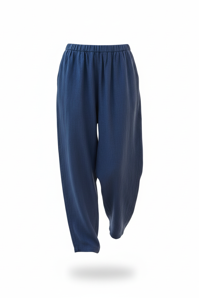 Pantalon En Lin Bleu Ample Décontracté Taille Haute - Marine - vue 3