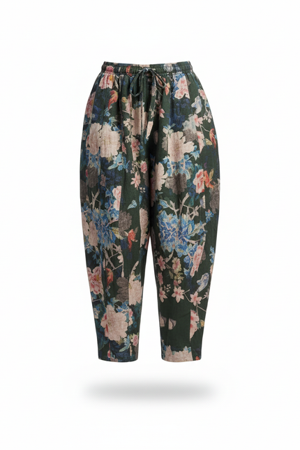 Pantalon En Lin Fleuri Ample Vert Imprimé Bohème - vue 3