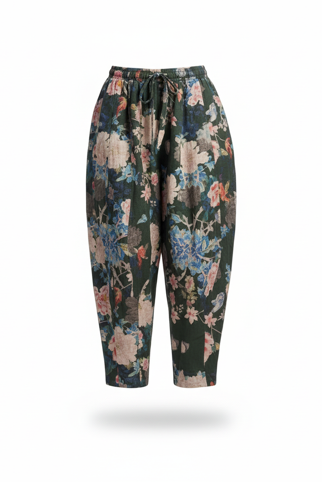 Pantalon En Lin Fleuri Ample Vert Imprimé Bohème - vue 3