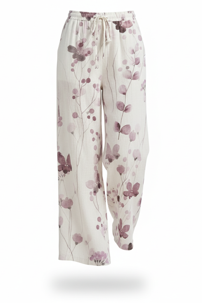 Pantalon En Lin Imprimé Floral Ample Cordon Fluide - vue 3