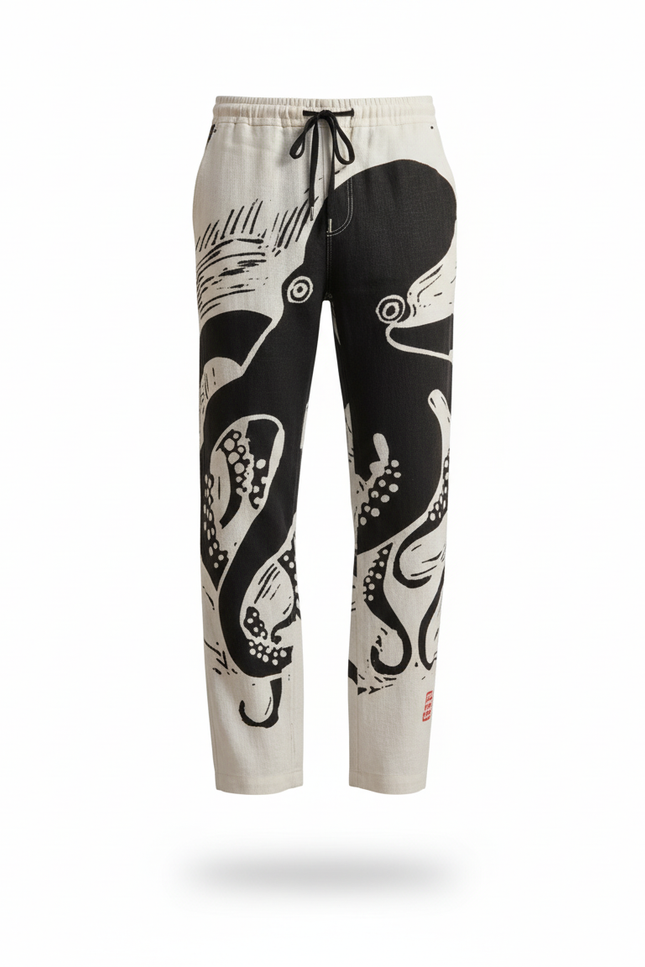 Pantalon En Lin Blanc Imprimé Poulpe Ample Décontracté Homme - vue 3