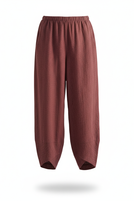 Pantalon En Lin Ample Élastique Rouge Bordeaux Femme - vue 3