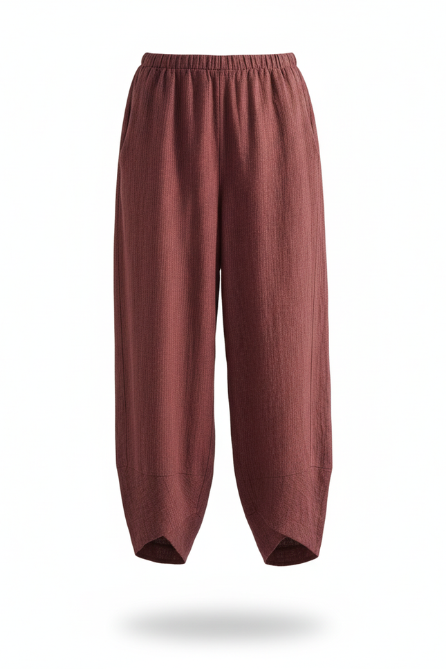 Pantalon En Lin Ample Élastique Rouge Bordeaux Femme - vue 3