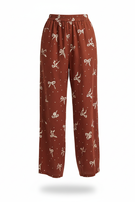 Pantalon En Lin Brique Ample Motif Nœuds Fluide - Bordeaux - vue 3