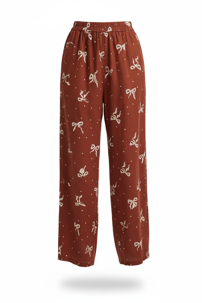 Pantalon En Lin Brique Ample Motif Nœuds Fluide - Bordeaux - vue 3