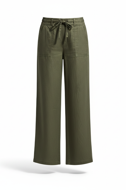 Pantalon En Lin Kaki Ample Décontracté Taille Haute Fluide - vue 3