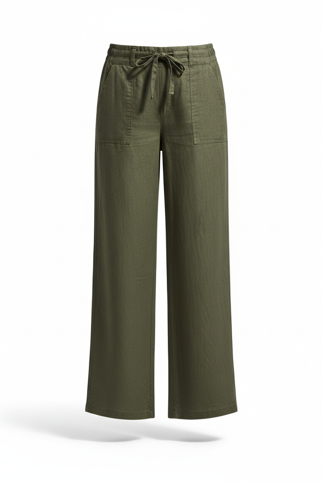 Pantalon En Lin Kaki Ample Décontracté Taille Haute Fluide - vue 3