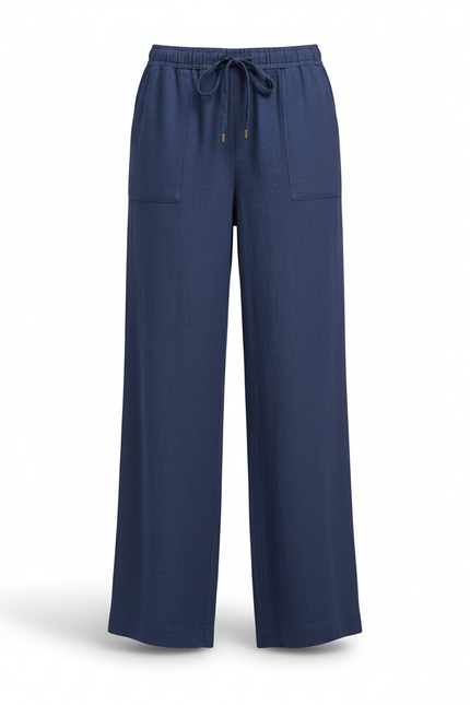 Pantalon En Lin Bleu Ample Femme Élastique Casual - vue 3