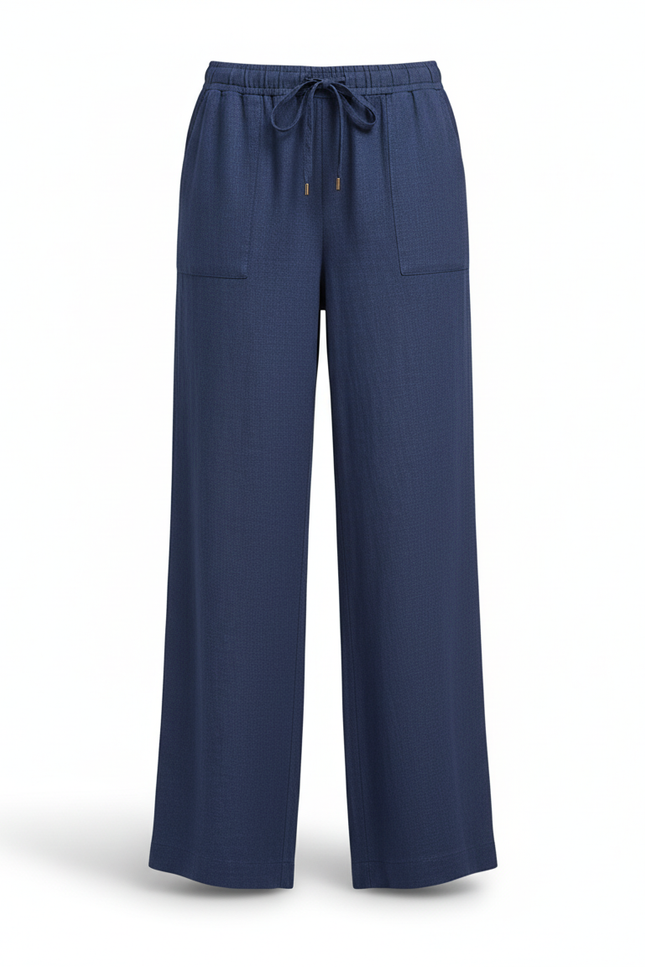 Pantalon En Lin Bleu Ample Femme Élastique Casual - vue 3