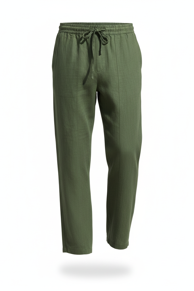 Pantalon En Lin Homme Vert Ample Cordon Décontracté - vue 3