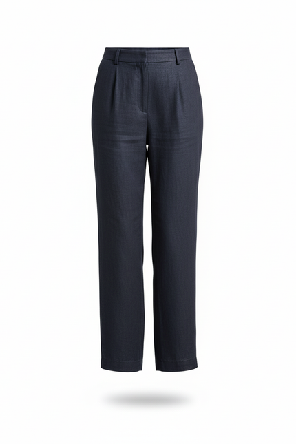 Pantalon En Lin Marine Ample Plissé Taille Haute - vue 3