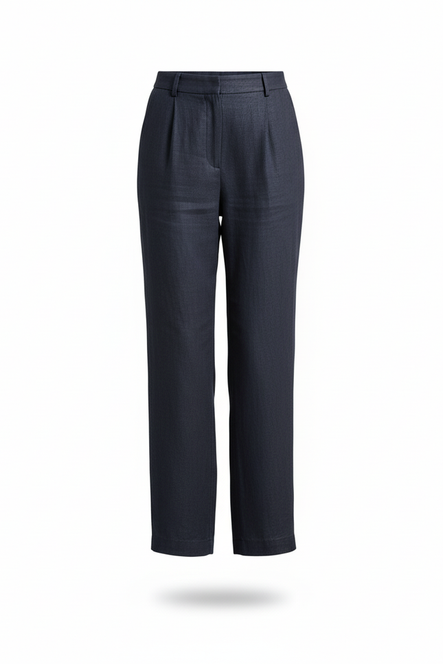 Pantalon En Lin Marine Ample Plissé Taille Haute - vue 3