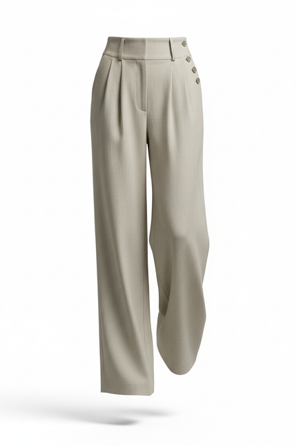 Pantalon En Lin Beige Ample Taille Haute Élégant Fluide - vue 3