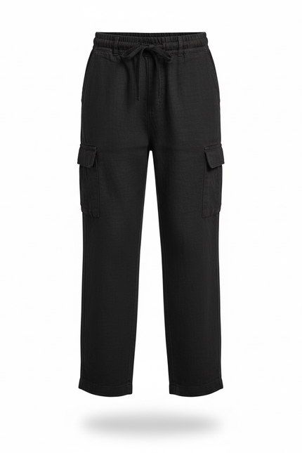 Pantalon En Lin Noir Cargo Ample Garçon Décontracté - vue 3