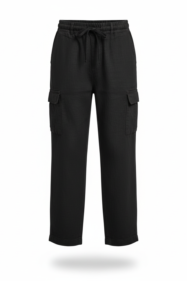 Pantalon En Lin Noir Cargo Ample Garçon Décontracté - vue 3