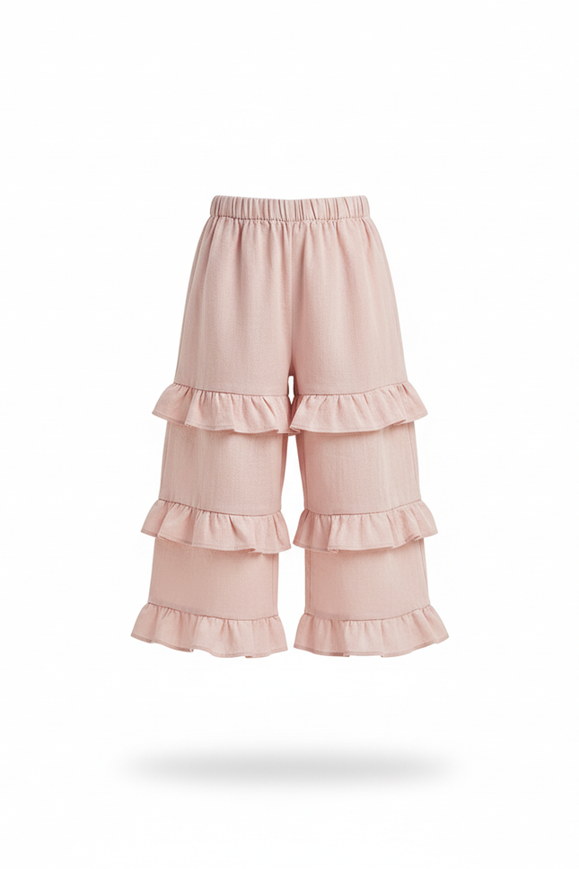 Pantalon En Lin Rose Volants Fille Confortable Décontracté - vue 3