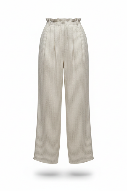 Pantalon En Lin Rayé Ample Taille Haute Confortable - Beige - vue 3