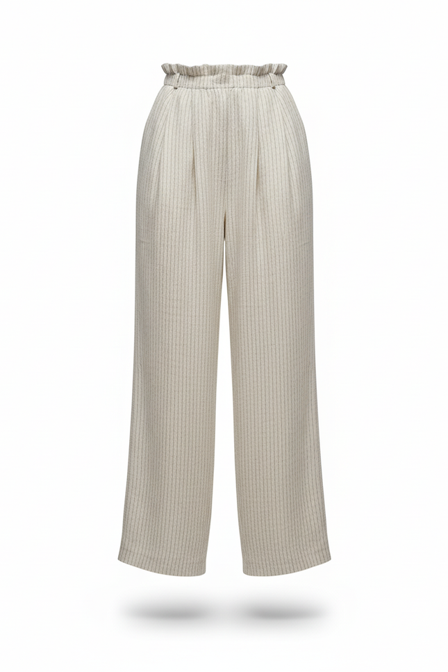 Pantalon En Lin Rayé Ample Taille Haute Confortable - Beige - vue 3